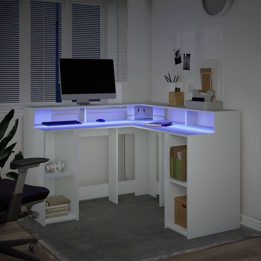 Modern Wooden Home Office Gaming Corner Computer Desk With LED Lights Storage