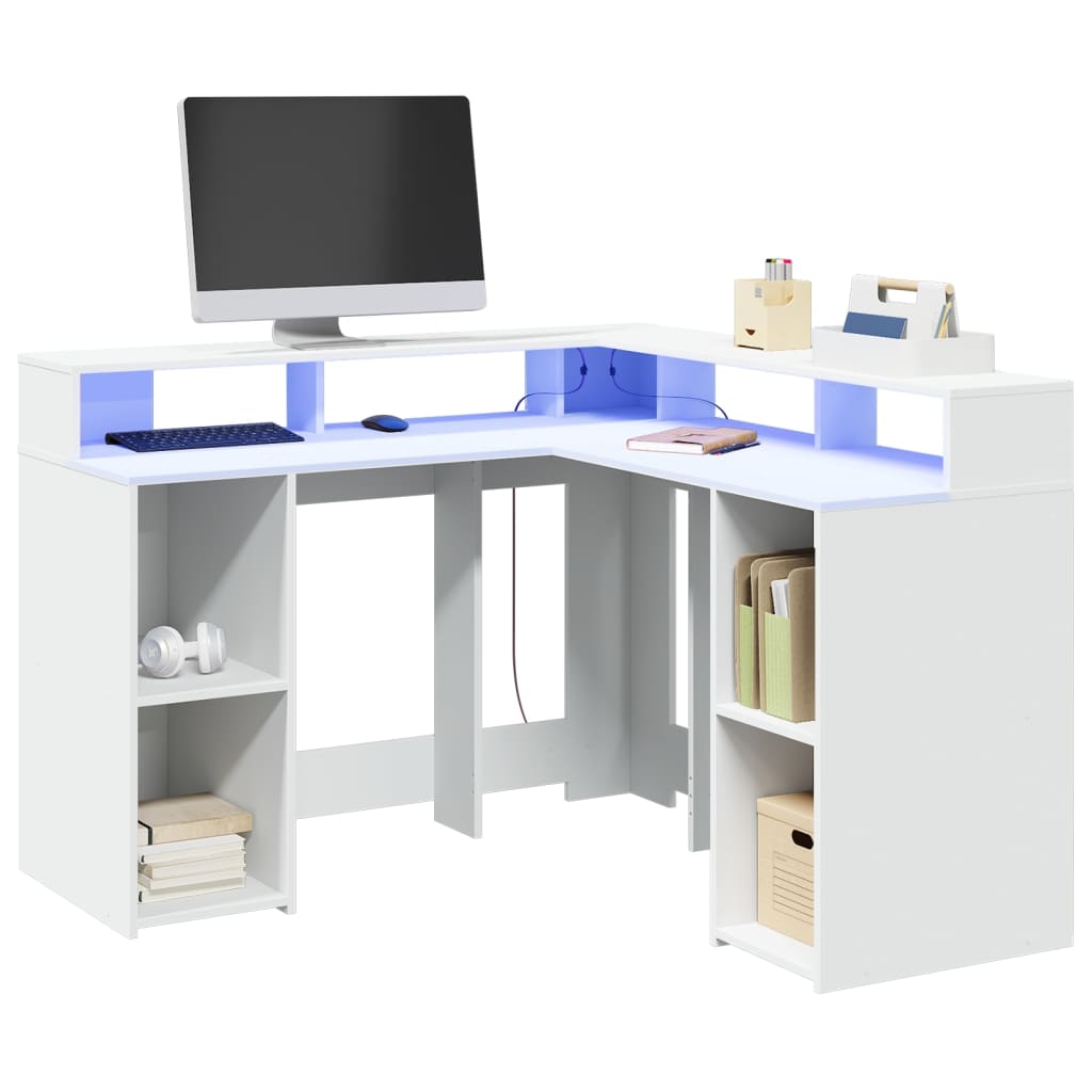 Modern Wooden Home Office Gaming Corner Computer Desk With LED Lights Storage