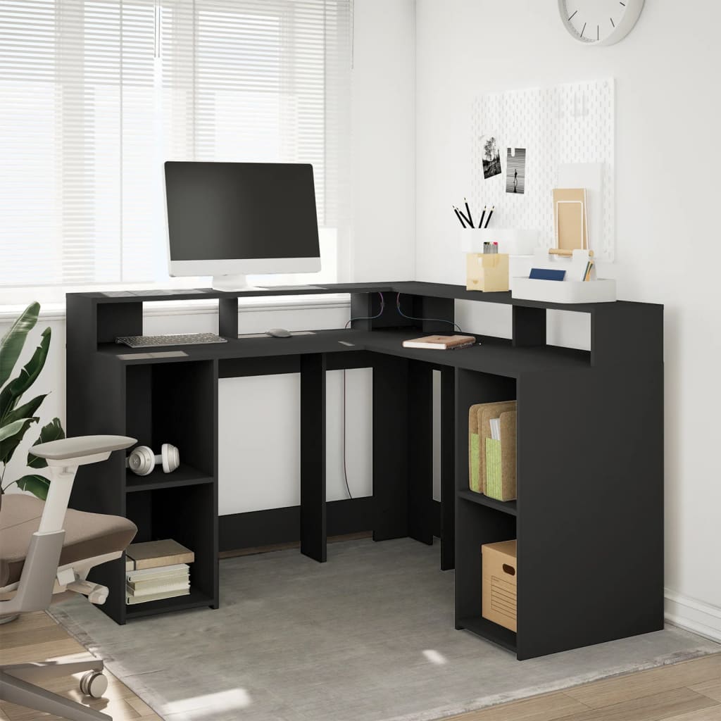 Modern Wooden Home Office Gaming Corner Computer Desk With LED Lights Storage
