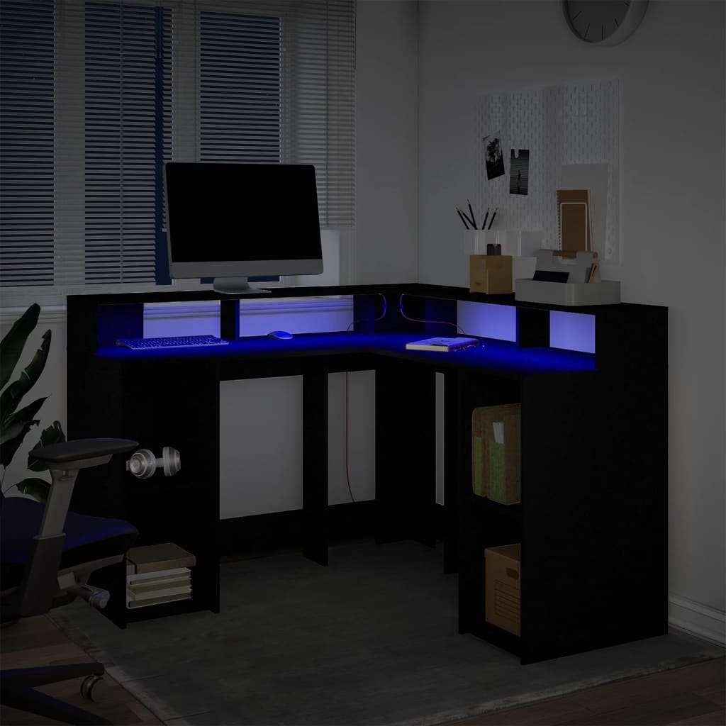 Modern Wooden Home Office Gaming Corner Computer Desk With LED Lights Storage
