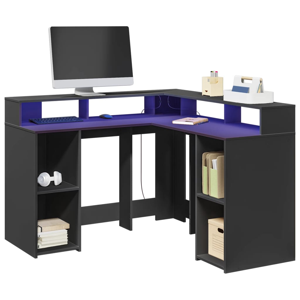 Modern Wooden Home Office Gaming Corner Computer Desk With LED Lights Storage