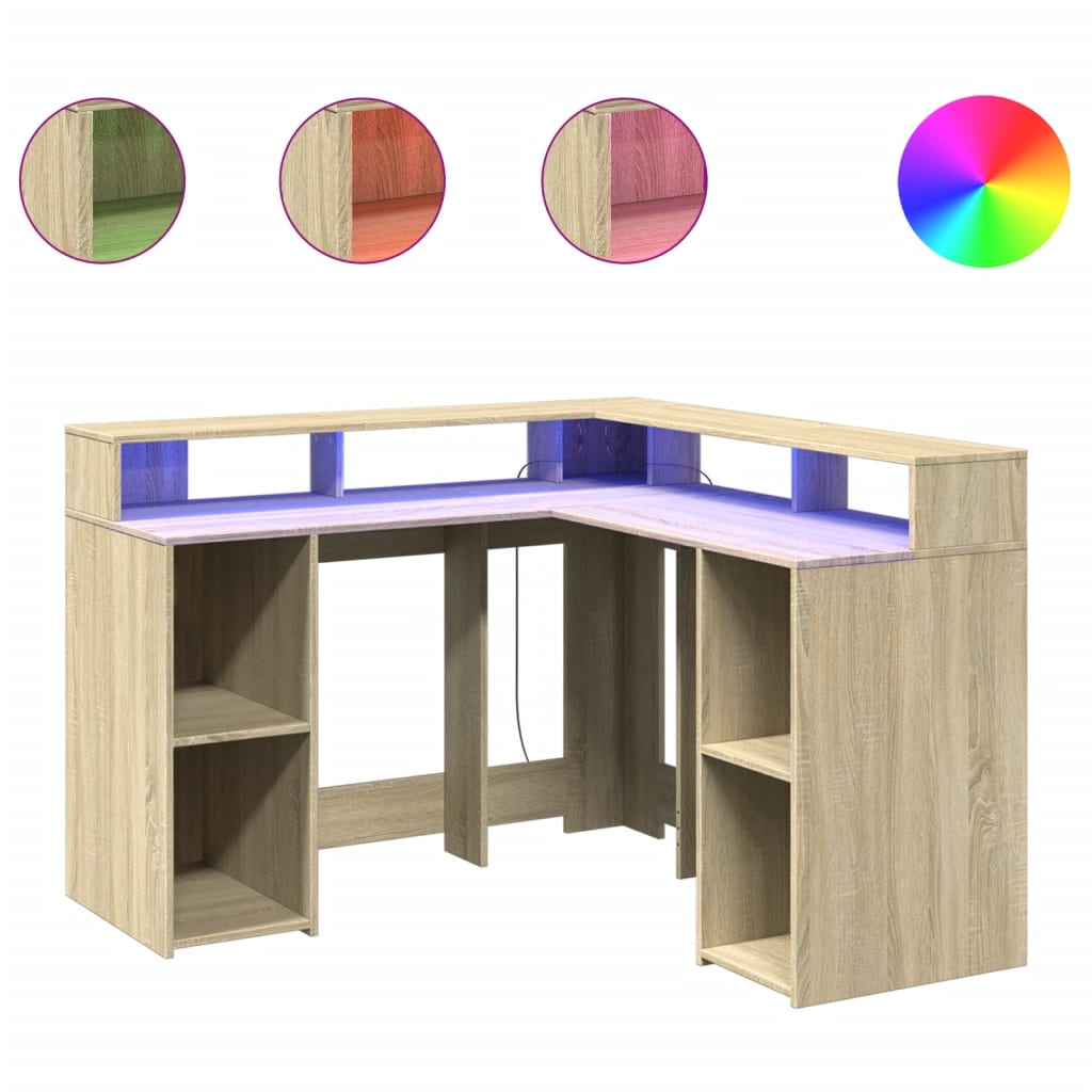 Modern Wooden Home Office Gaming Corner Computer Desk With LED Lights Storage
