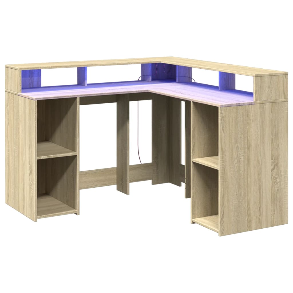 Modern Wooden Home Office Gaming Corner Computer Desk With LED Lights Storage