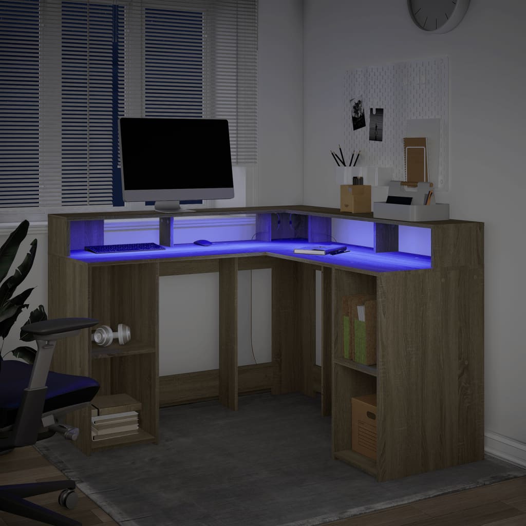 Modern Wooden Home Office Gaming Corner Computer Desk With LED Lights Storage
