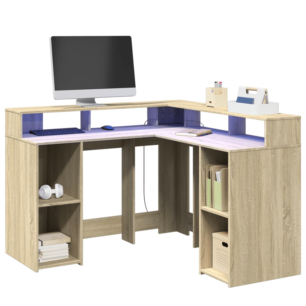 Modern Wooden Home Office Gaming Corner Computer Desk With LED Lights Storage