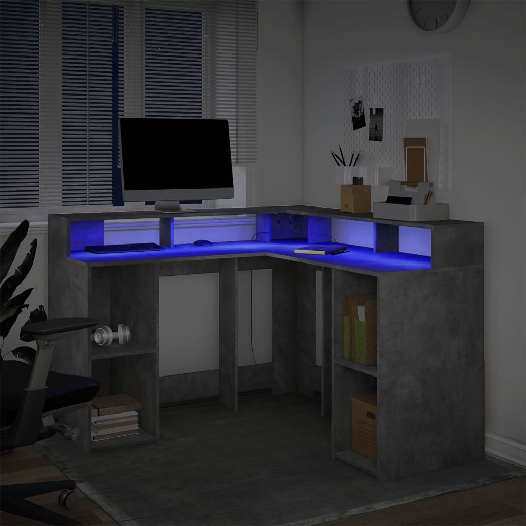 Modern Wooden Home Office Gaming Corner Computer Desk With LED Lights Storage