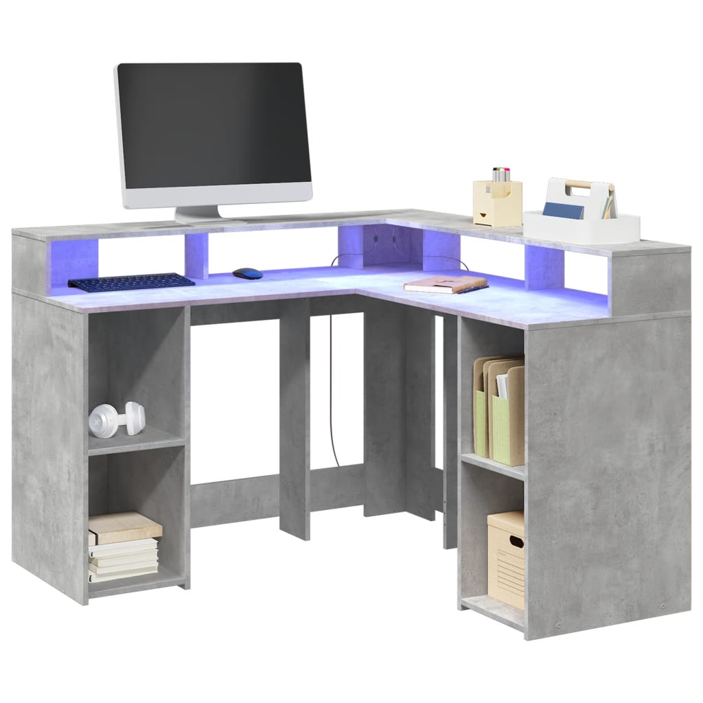 Modern Wooden Home Office Gaming Corner Computer Desk With LED Lights Storage