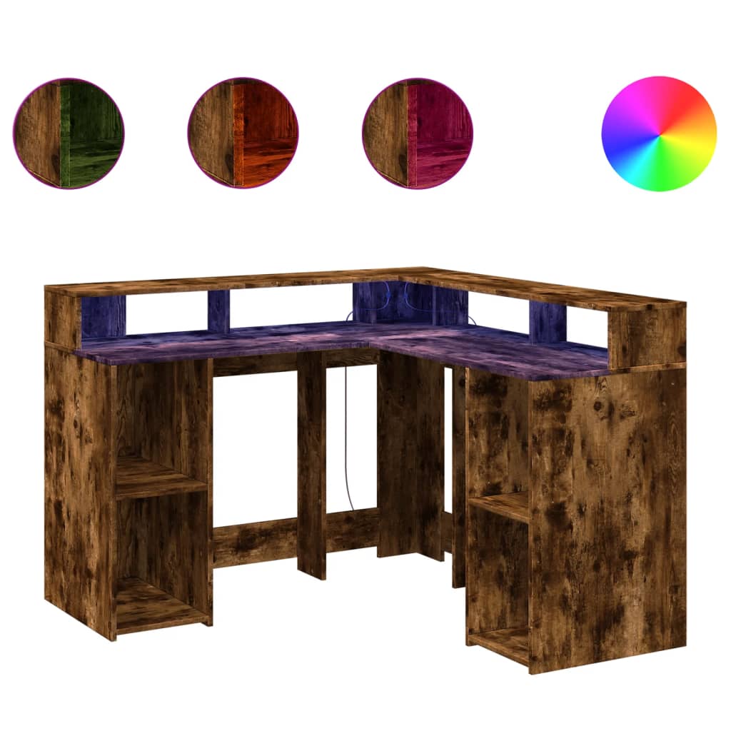 Modern Wooden Home Office Gaming Corner Computer Desk With LED Lights Storage