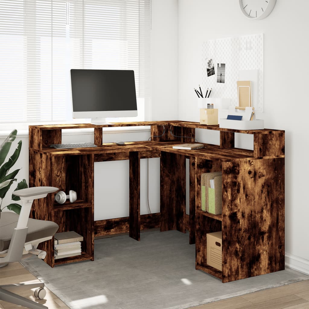 Modern Wooden Home Office Gaming Corner Computer Desk With LED Lights Storage