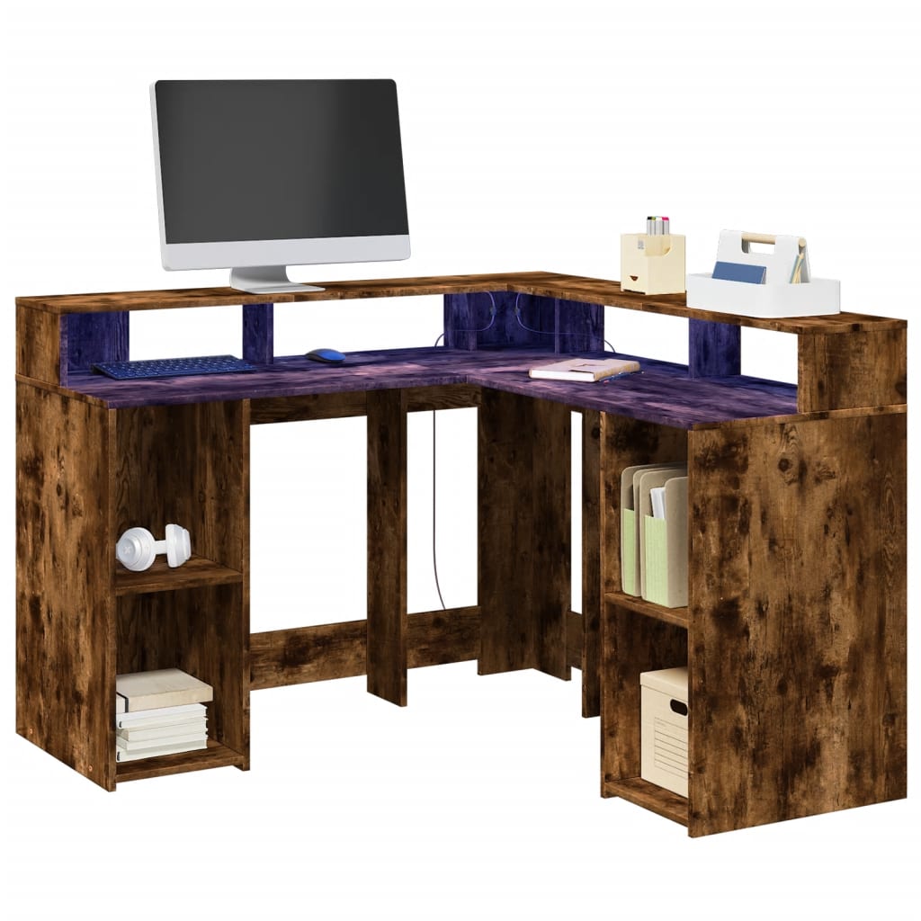 Modern Wooden Home Office Gaming Corner Computer Desk With LED Lights Storage