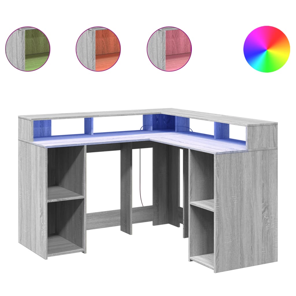 Modern Wooden Home Office Gaming Corner Computer Desk With LED Lights Storage