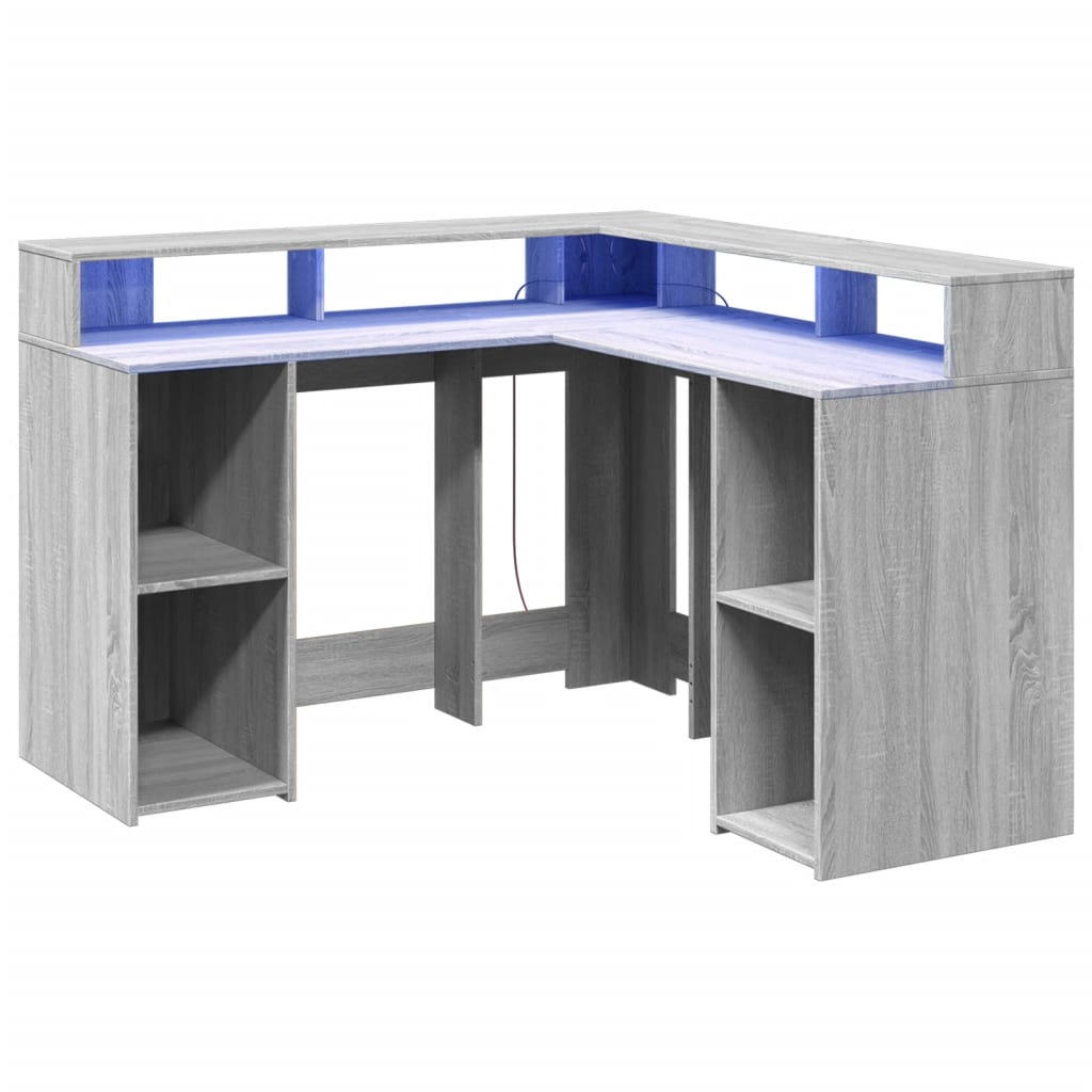 Modern Wooden Home Office Gaming Corner Computer Desk With LED Lights Storage