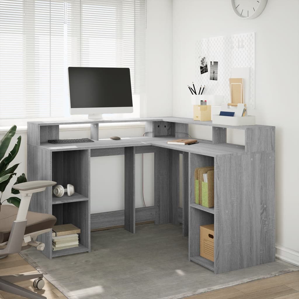 Modern Wooden Home Office Gaming Corner Computer Desk With LED Lights Storage