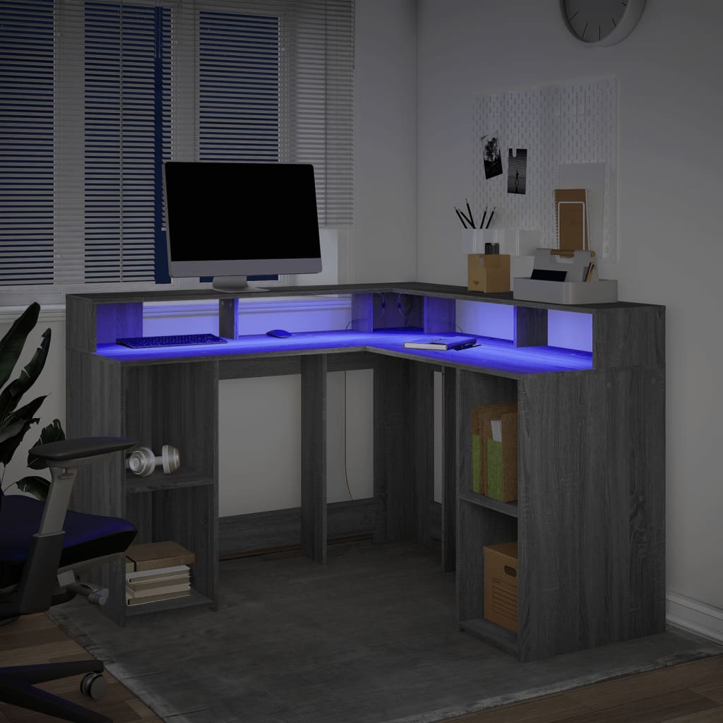 Modern Wooden Home Office Gaming Corner Computer Desk With LED Lights Storage