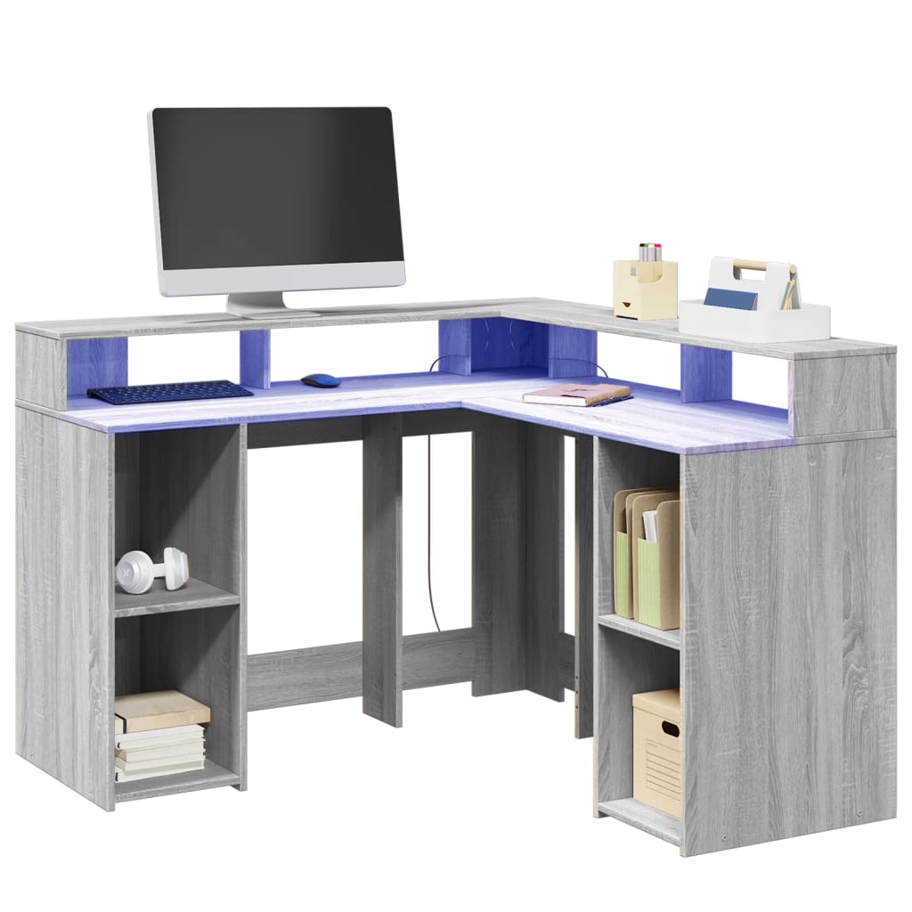 Modern Wooden Home Office Gaming Corner Computer Desk With LED Lights Storage