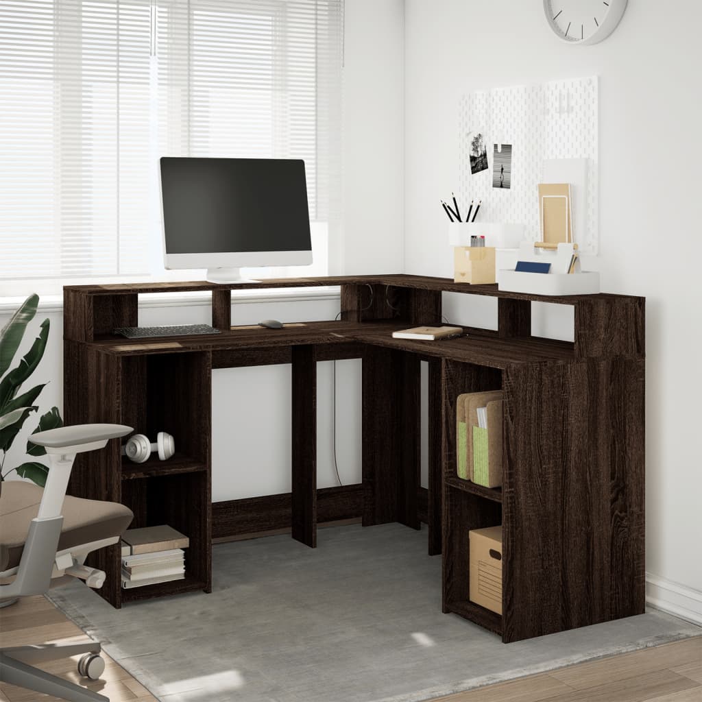 Modern Wooden Home Office Gaming Corner Computer Desk With LED Lights Storage