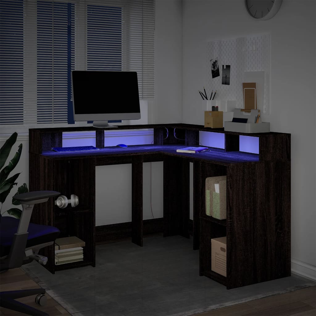 Modern Wooden Home Office Gaming Corner Computer Desk With LED Lights Storage