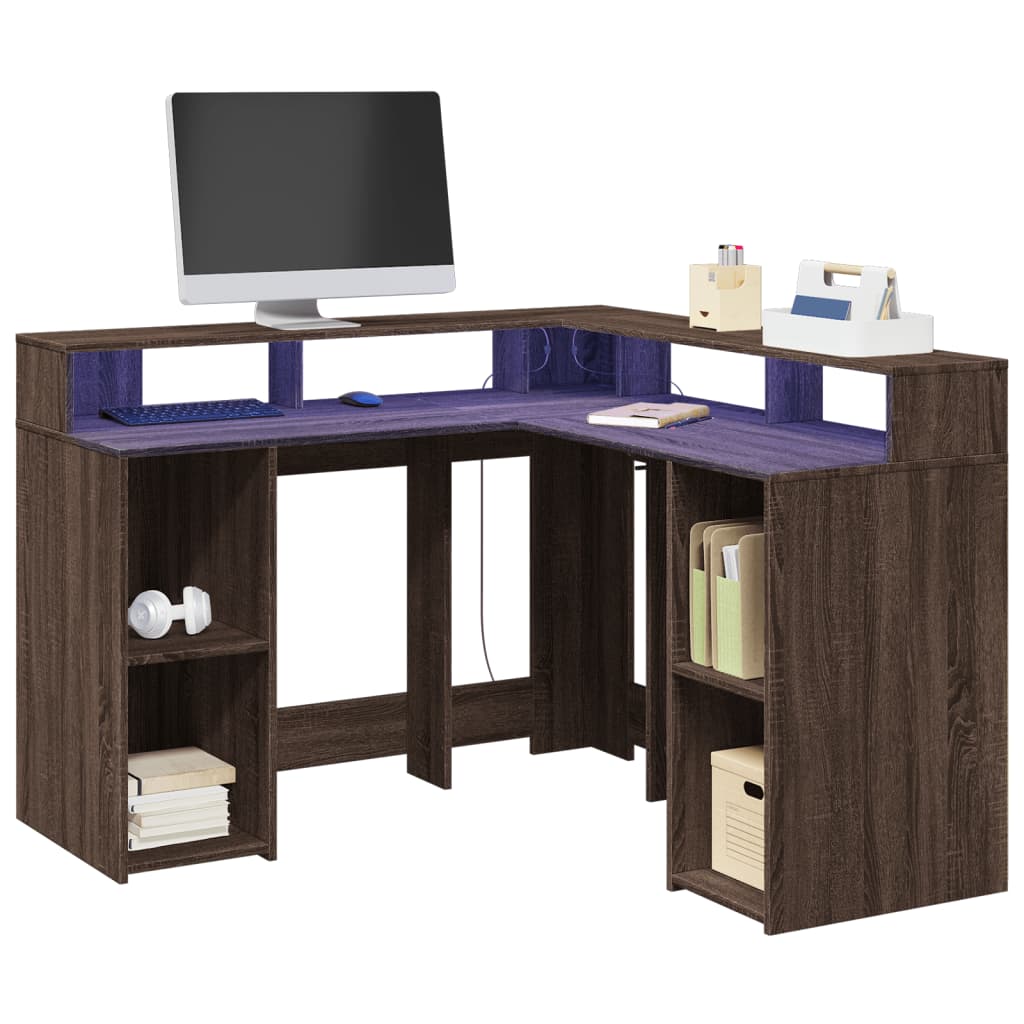 Modern Wooden Home Office Gaming Corner Computer Desk With LED Lights Storage