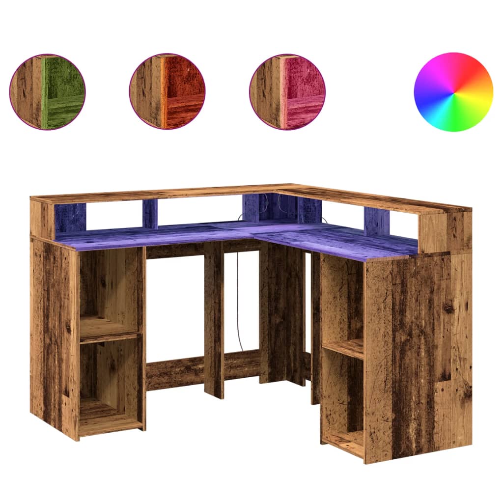 Modern Wooden Home Office Gaming Corner Computer Desk With LED Lights Storage
