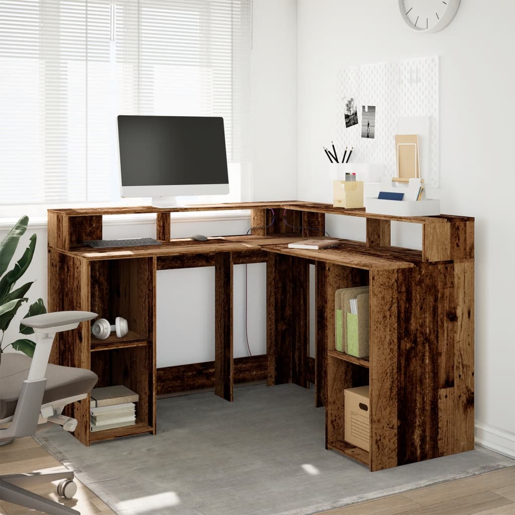 Modern Wooden Home Office Gaming Corner Computer Desk With LED Lights Storage