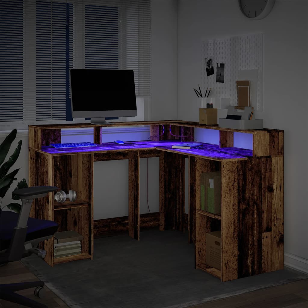 Modern Wooden Home Office Gaming Corner Computer Desk With LED Lights Storage