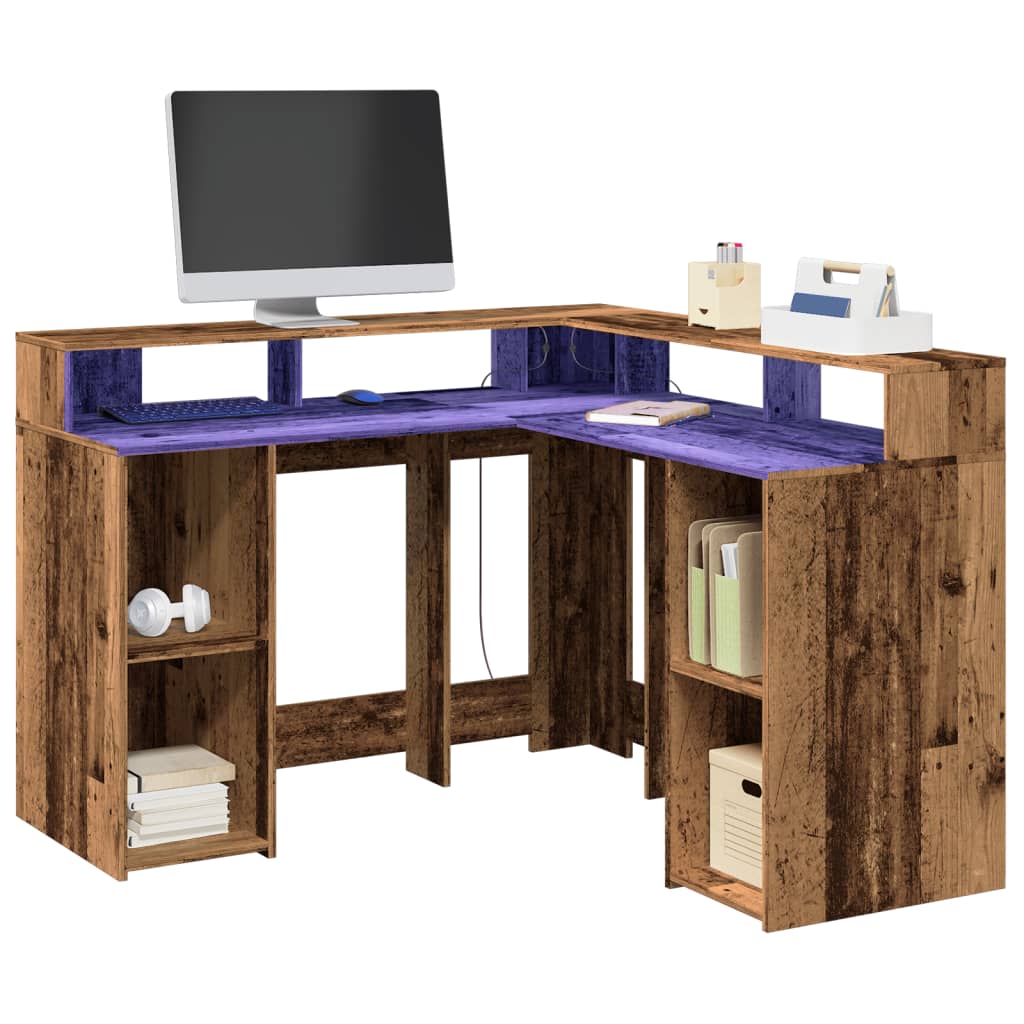Modern Wooden Home Office Gaming Corner Computer Desk With LED Lights Storage
