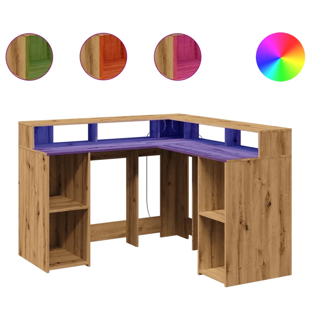 Modern Wooden Home Office Gaming Corner Computer Desk With LED Lights Storage