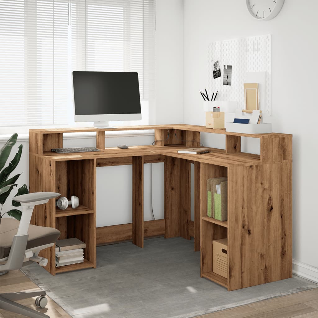 Modern Wooden Home Office Gaming Corner Computer Desk With LED Lights Storage