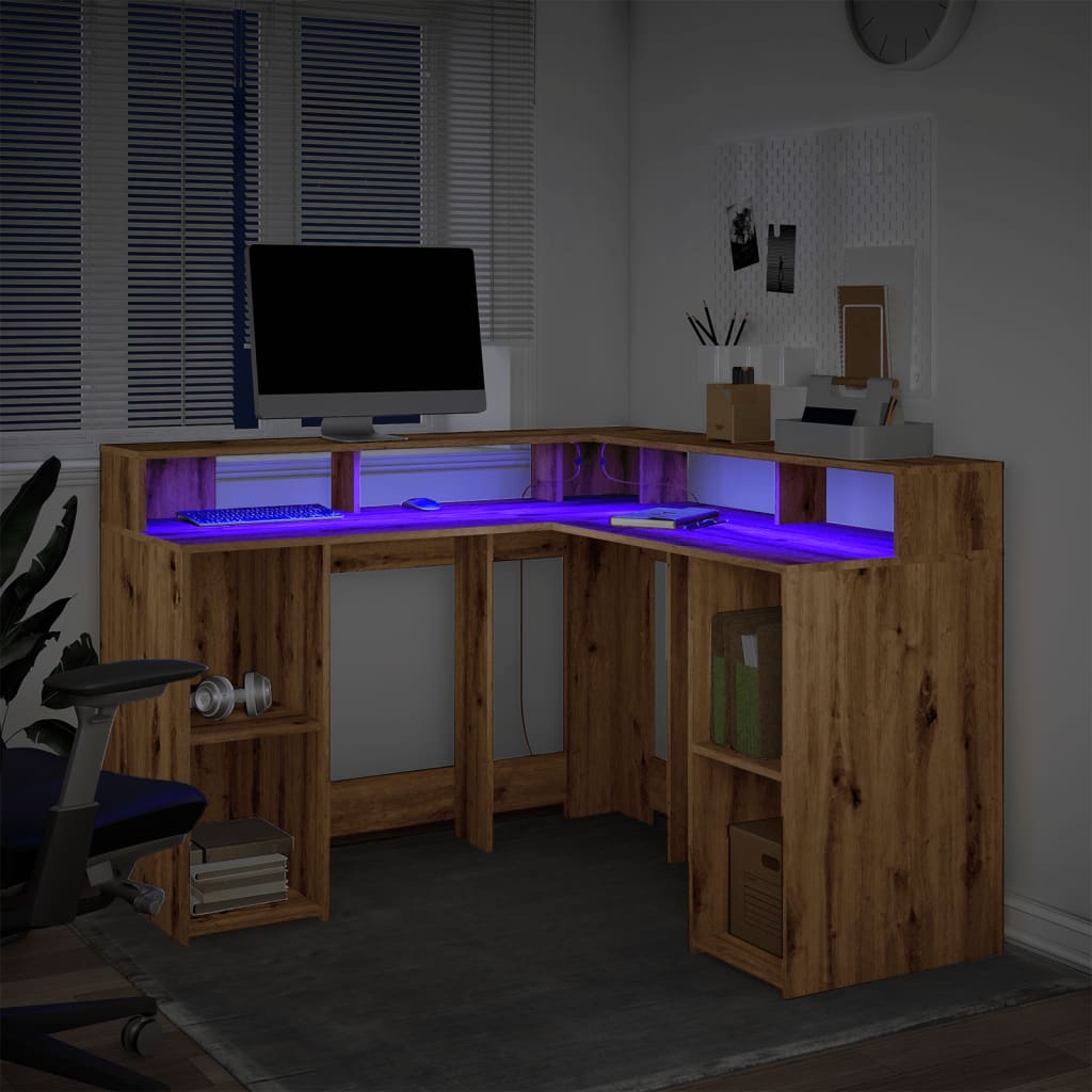 Modern Wooden Home Office Gaming Corner Computer Desk With LED Lights Storage