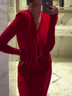 Red Swing Neck Long Sleeve Slim Dress