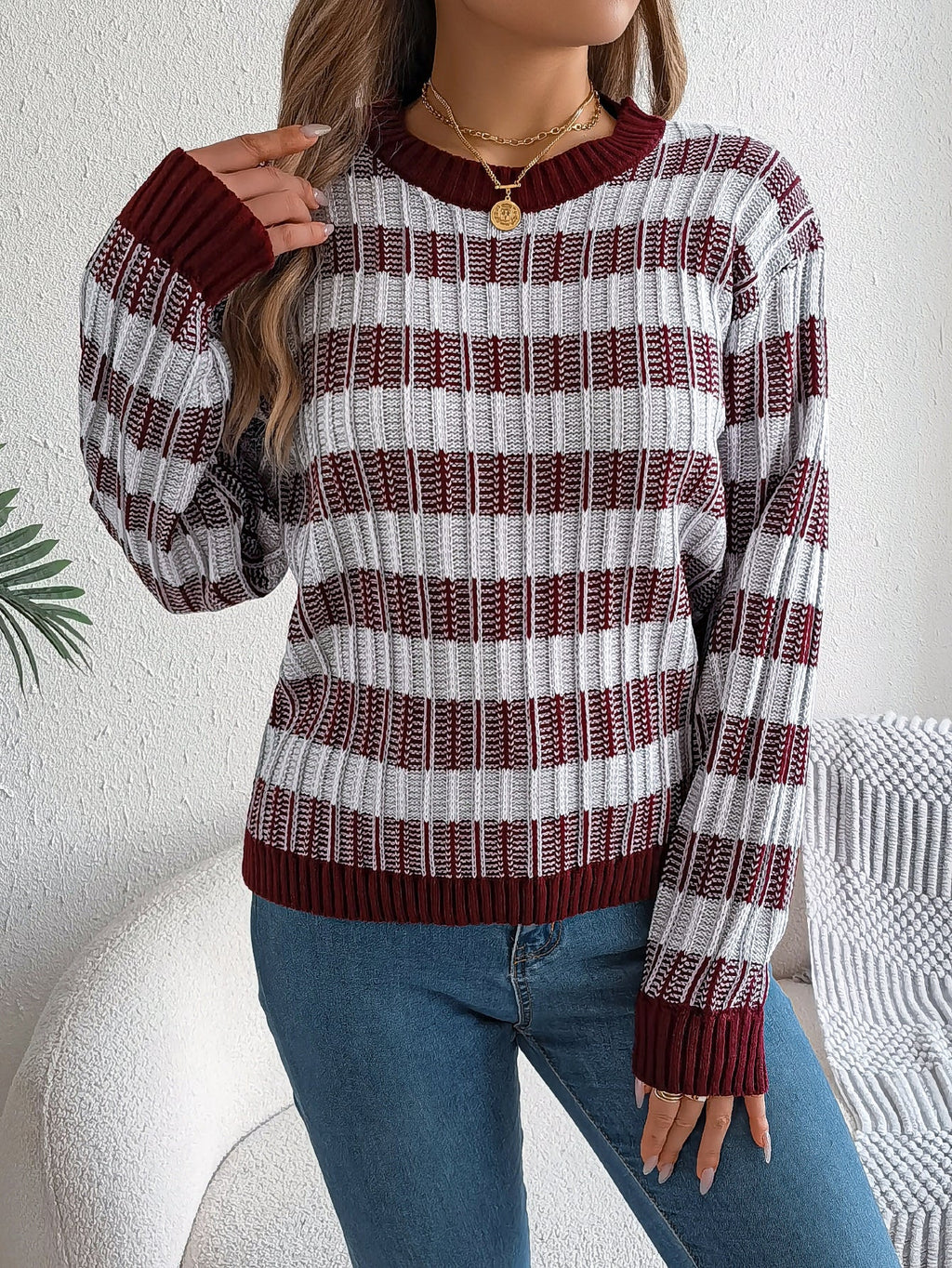 Women Round Neck Retro Stripe Lantern Sleeve Long Sleeve Pullover Sweater
