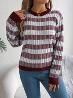 Women Round Neck Retro Stripe Lantern Sleeve Long Sleeve Pullover Sweater