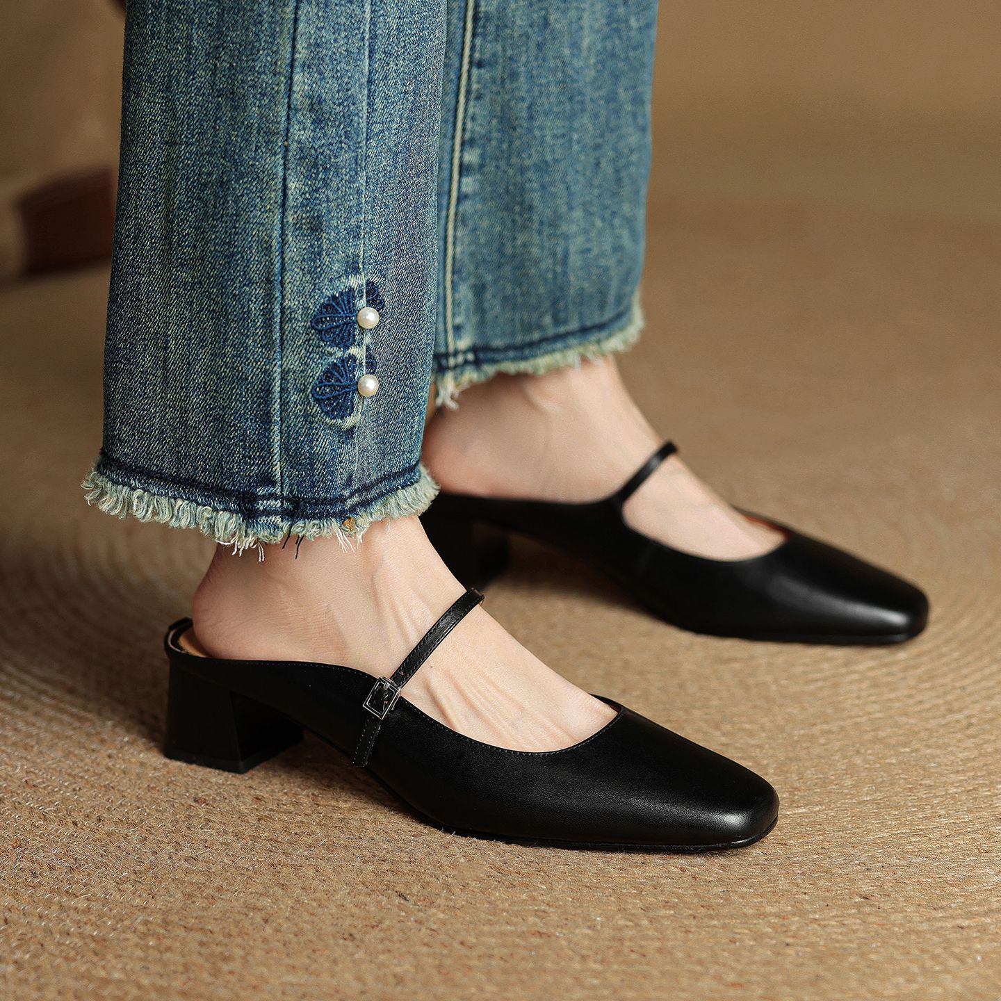 Retro Chunky Heel Peep-toe Slingback French Single-strap Slip-on Mid-heel Sandals