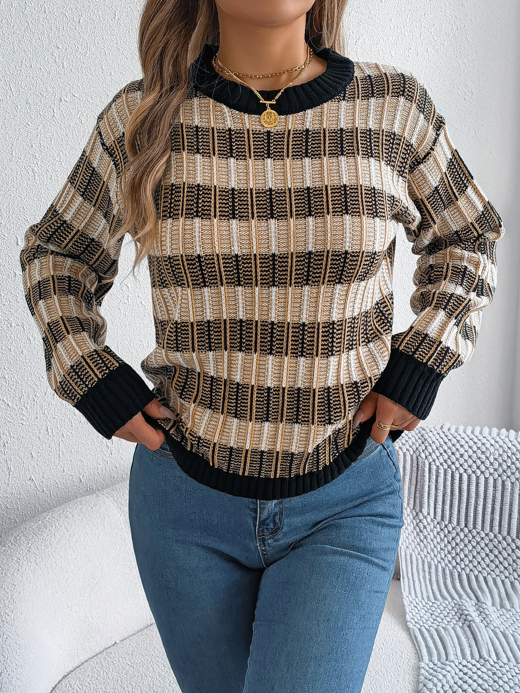 Women Round Neck Retro Stripe Lantern Sleeve Long Sleeve Pullover Sweater