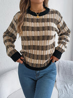 Women Round Neck Retro Stripe Lantern Sleeve Long Sleeve Pullover Sweater