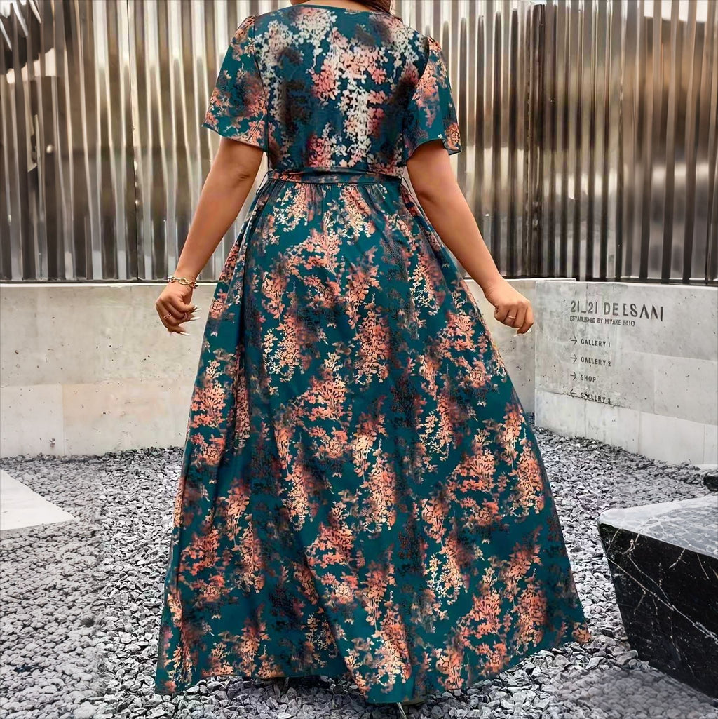 V-Neck Floral Wrap Dress With Flared Sleeves And Side Slit For Women