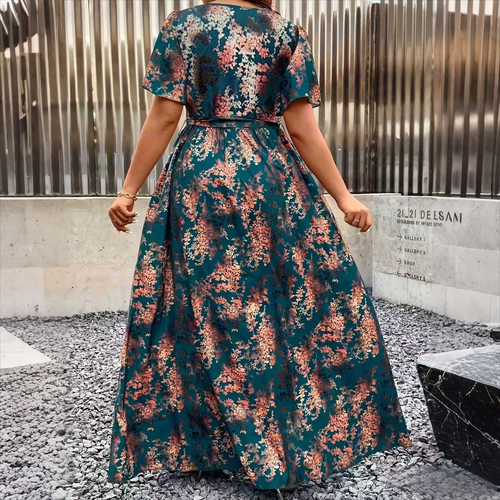 V-Neck Floral Wrap Dress With Flared Sleeves And Side Slit For Women