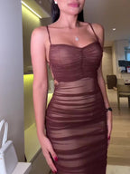 Brown Backless Strappy Mesh Dress