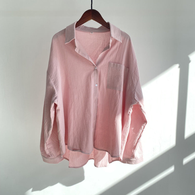 European And American-style Lapel Solid-color Cotton-linen Top Loose-fitting