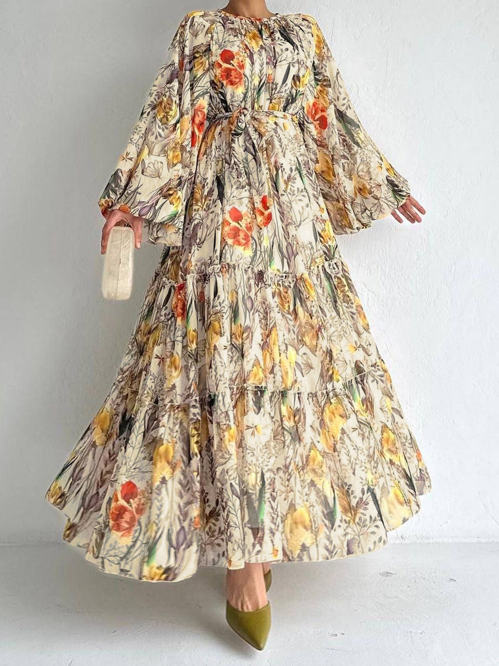 Floral-print Long-sleeve Chic And Elegant Robe Dress