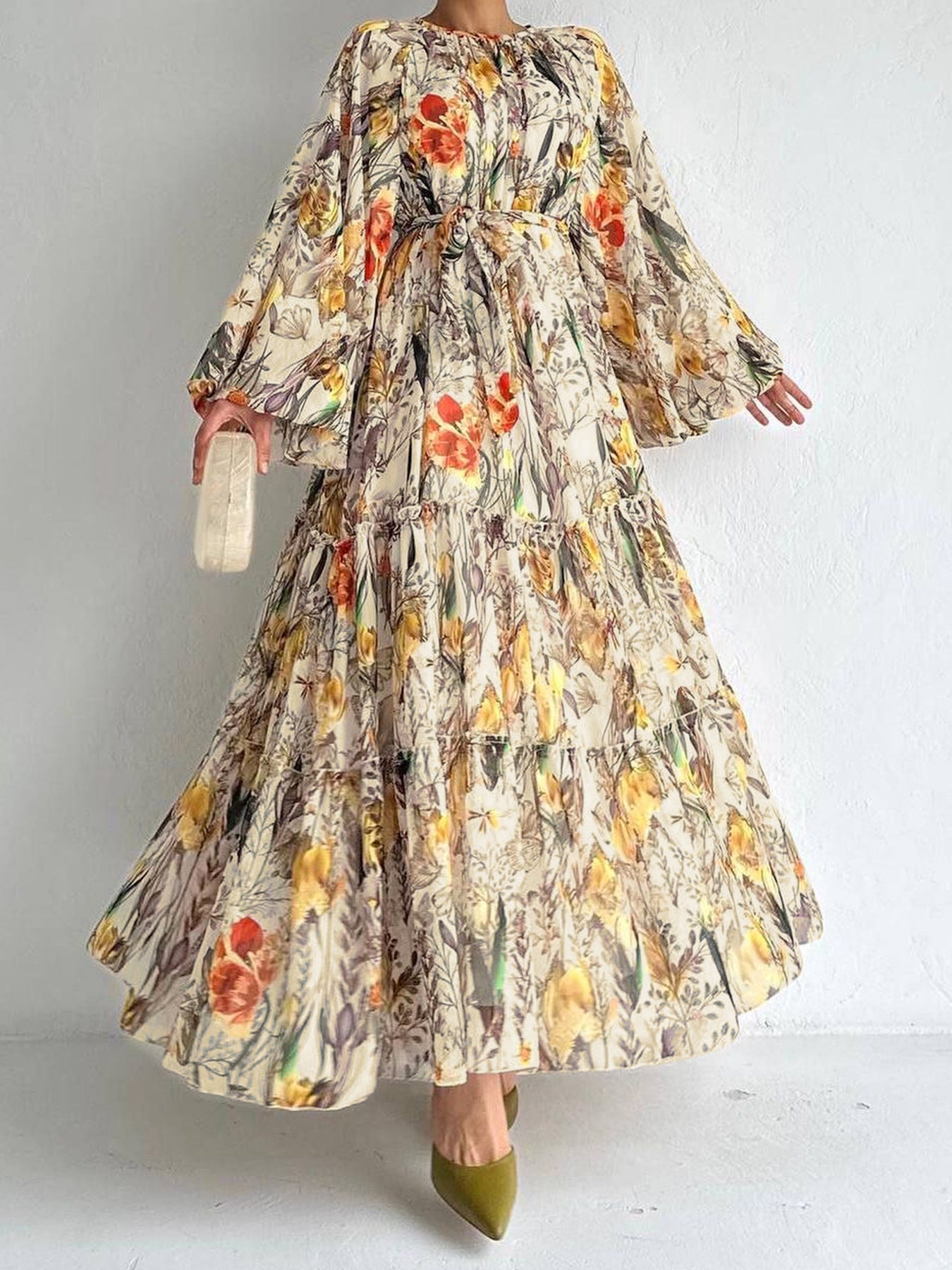 Floral-print Long-sleeve Chic And Elegant Robe Dress