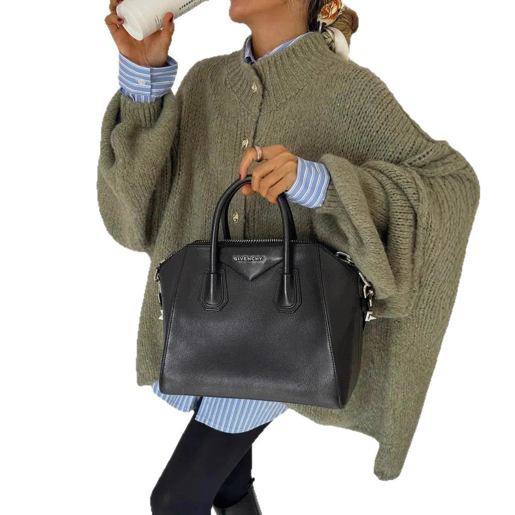 Autumn Winter Solid-Color Casual Knitted Cardigan With Buttons And Oversized Sleeves