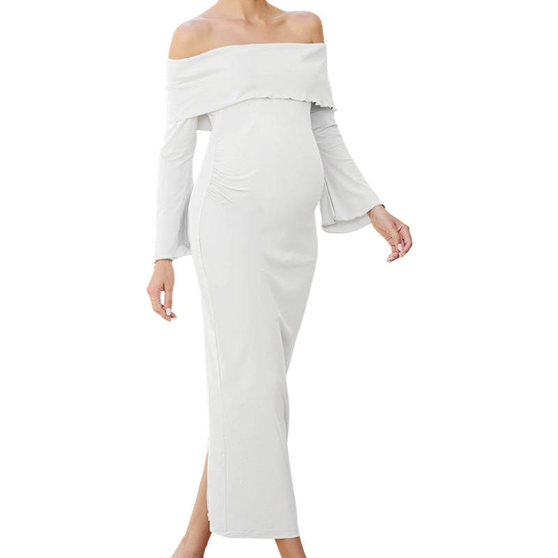 Knitted Stretch Maternity Dress Slim-Fit Long Gown