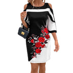 Women's Casual Fashionable Rose-Print Contrast-Color Slim-Fit Dress