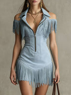 Retro Suede Tassel Off-Shoulder Dress