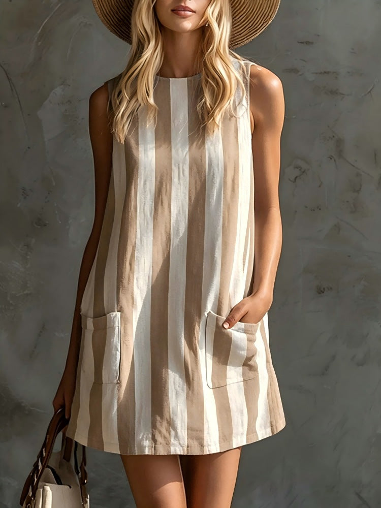 Women's Retro Striped Sleeveless Crew-Neck Cotton-Linen Mini Dress