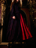 Navy Red Plaid Long Coat With Red Maxi Swing Dress Set