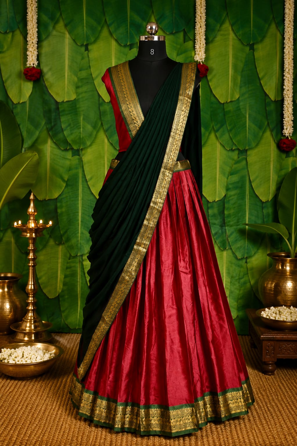 Kerala Half Saree Set for Women | Green & Red Traditional South Indian Half Saree | Ready to Wear Skirt Dupatta | Unstitched Blouse Piece