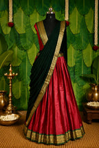 Kerala Half Saree Set for Women | Green & Red Traditional South Indian Half Saree | Ready to Wear Skirt Dupatta | Unstitched Blouse Piece