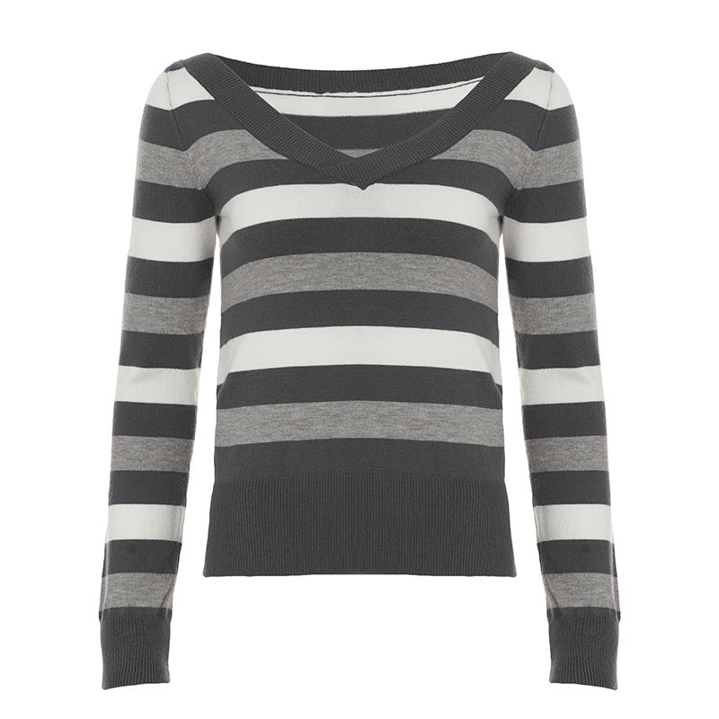 Figure-hugging Long-sleeve Base Sweater With Striped V-neck